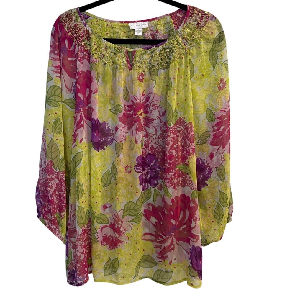 Charter Club Yellow Floral Sequins NecklineSheer Balloon Sleeve Plus Size 16